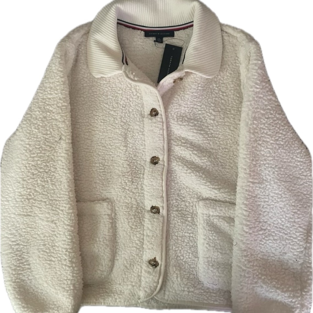 Tommy Hilfiger Tan Sherpa/faux fur Jacket With Button Down Ribbed Collar Small